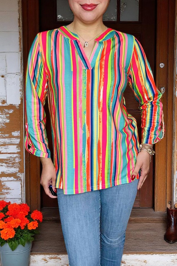Buy Multi color serape printed long sleeve women's blouse w/v-neckline BQ16177 CS11F