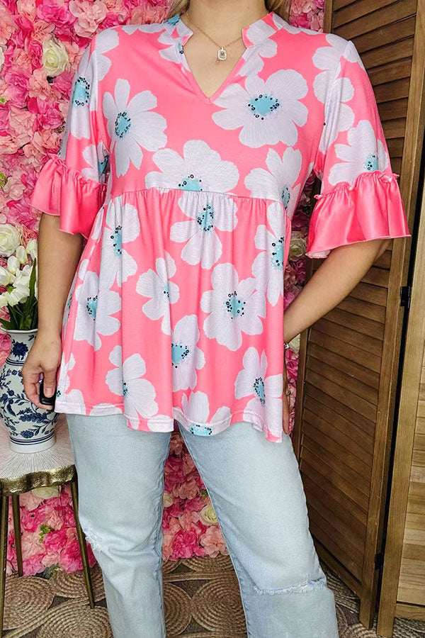 Baby doll women blouse vendors Pink floral printed ruffle loose top GJQ16137.(DS1)