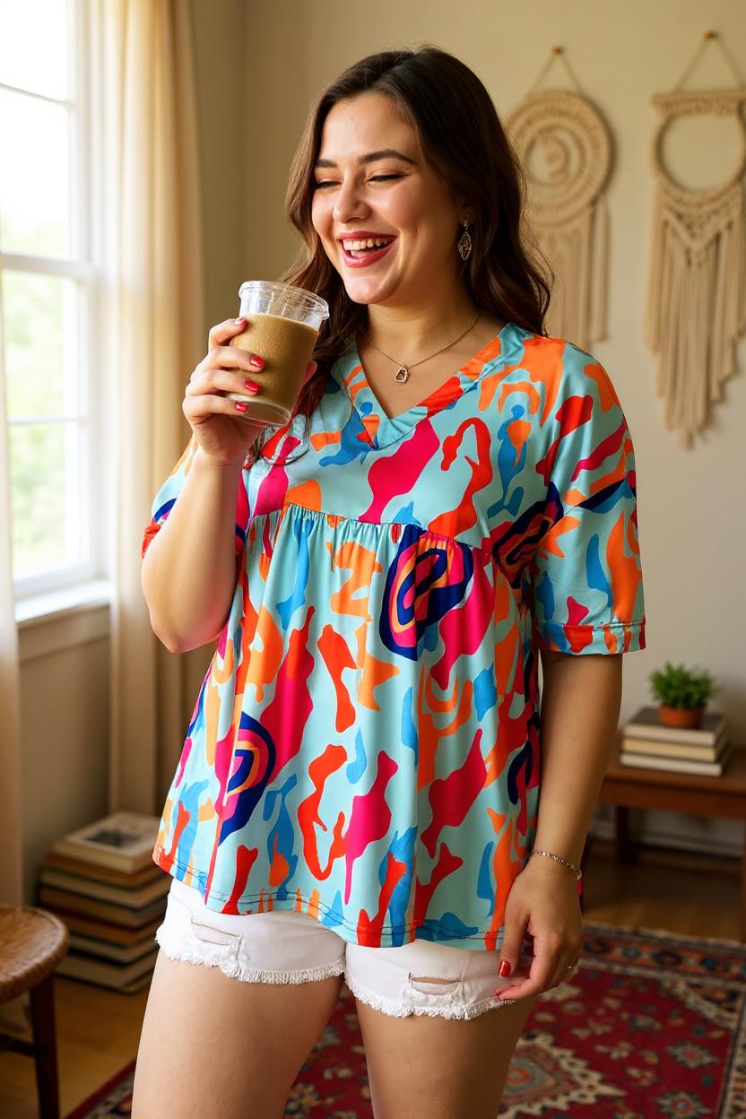 Buy Multi color prints baby doll & short sleeve women blouse BQ15955 (BS3)